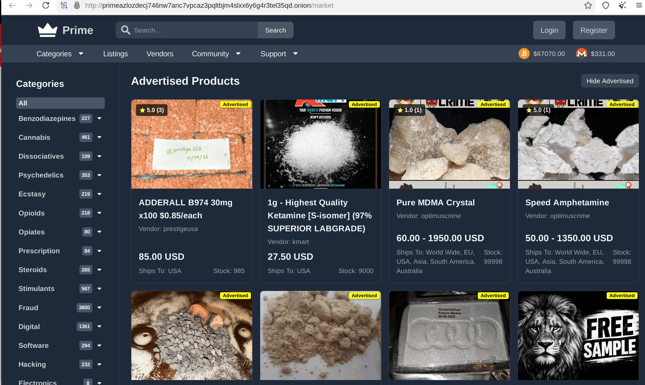 Prime Market darknet marketplace listings page — product browse view with categories and filters