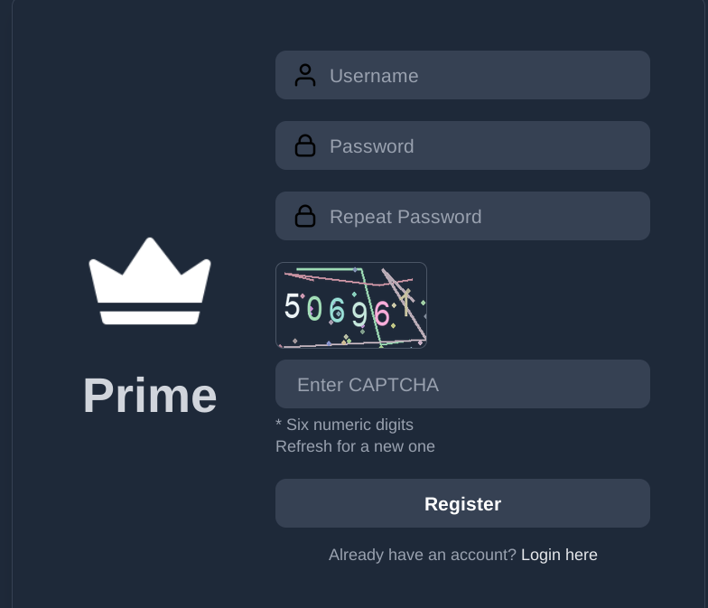 Prime Market registration page showing account setup form with username, password, and CAPTCHA fields